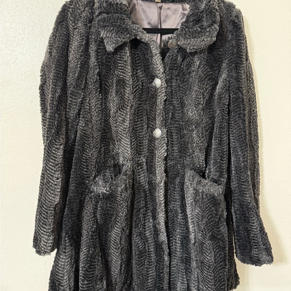 Free People Faux Fur Jacket Swing Coat Peplum Herringbone